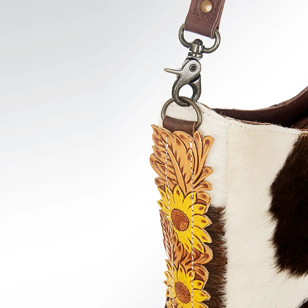 American Darling Cowhide Crossbody Bag with Tooled Leather Sunflower Accents Western Hair On Hide Tote | Giftware - Handbag | Saddleworld Ipswich