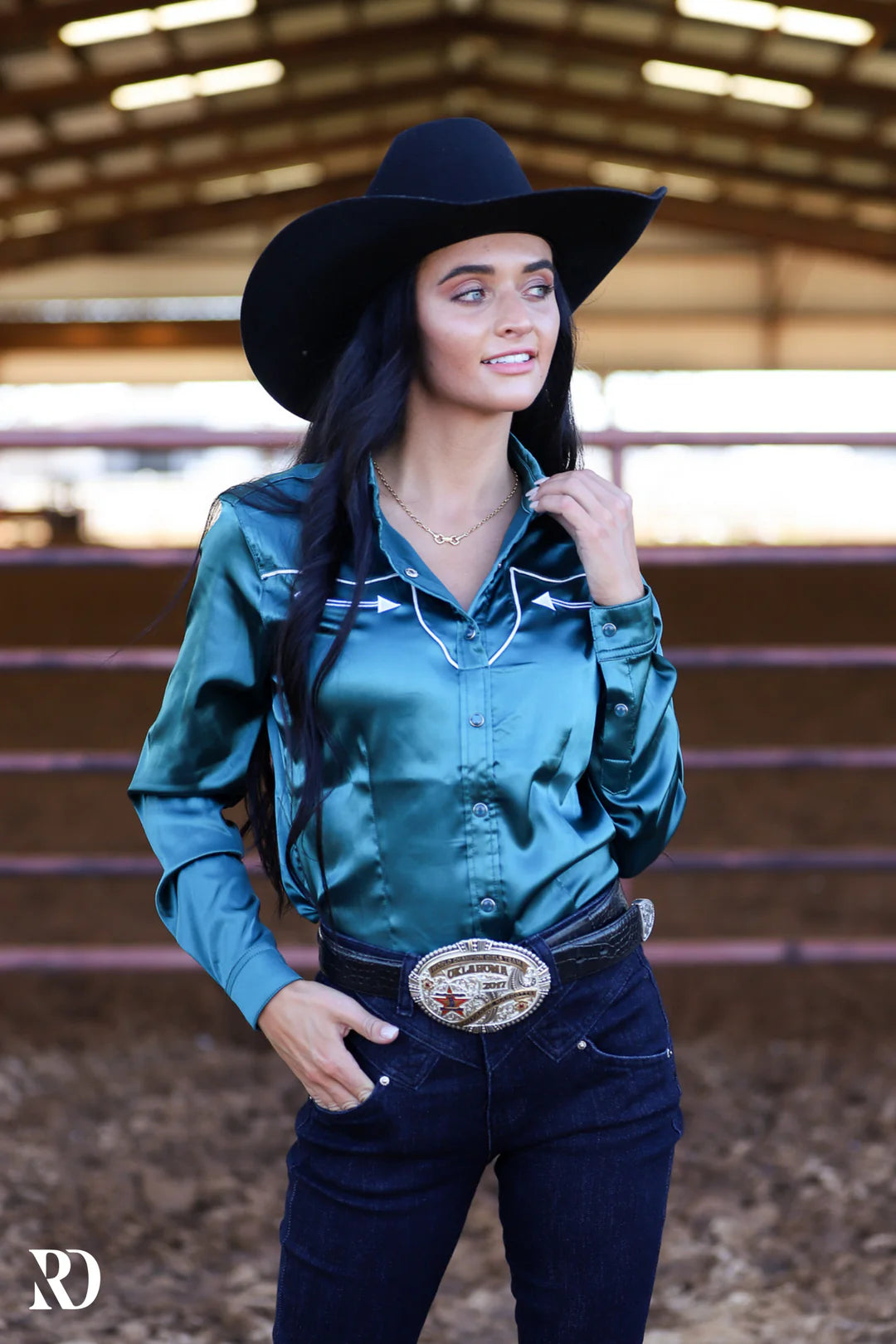 Ranch Dressn Tejas Teal Satin Performance Rodeo Shirt