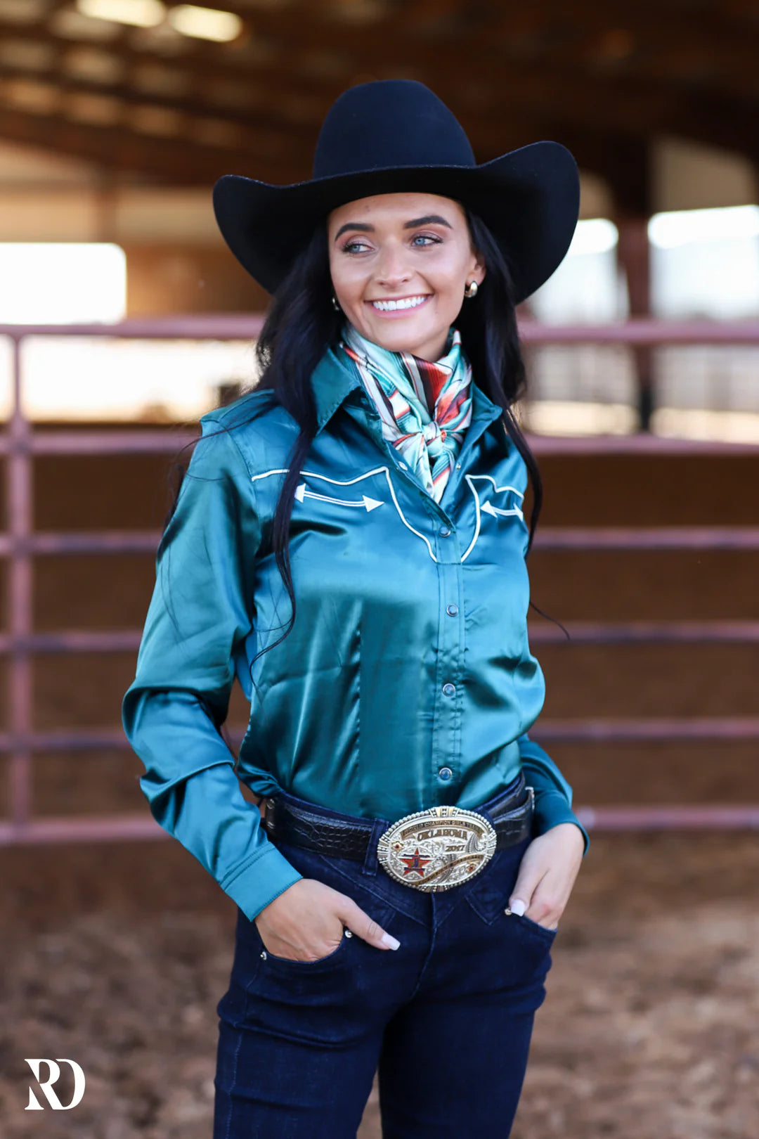 Ranch Dressn Tejas Teal Satin Performance Rodeo Shirt