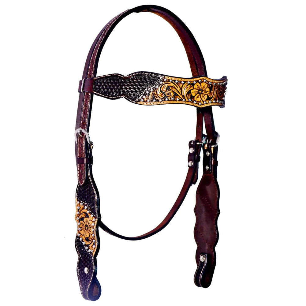 Basket Floral Hand Painted Horse Western Leather Bridle Brown