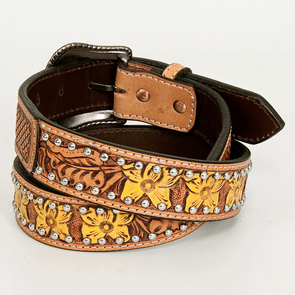 Daffodil Floral Hand Painted Leather Belt Tan