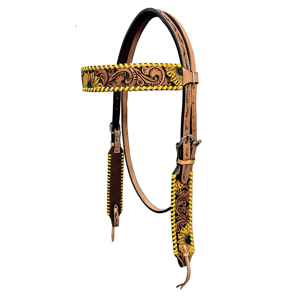 Ashton Yellow Floral Hand Painted Black Inlay Horse Western Leather Bridle Tan