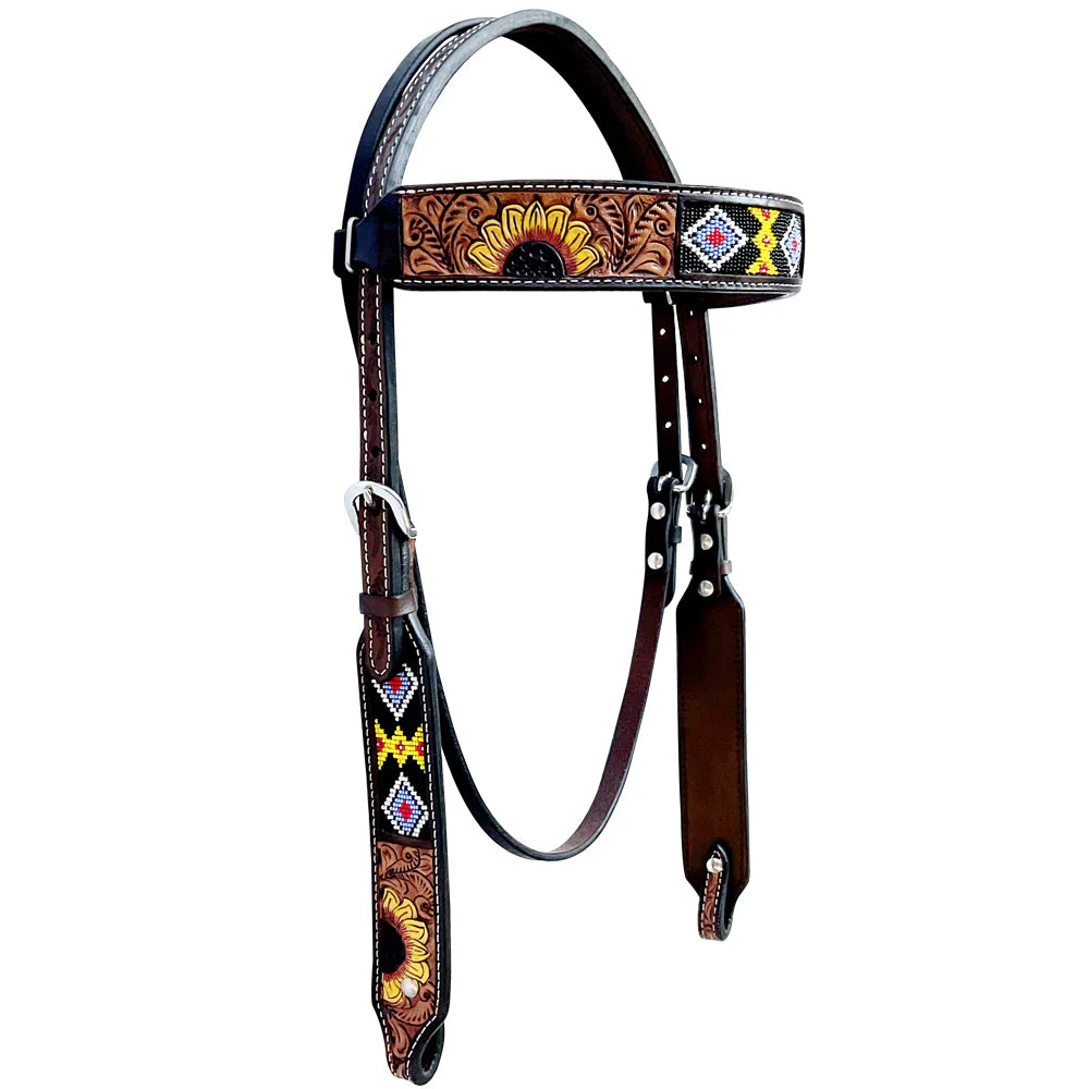 Sunflower Hand Painted and Beaded Western Leather Bridle