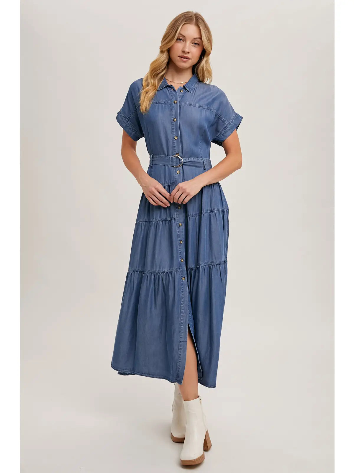 Short Sleeve Tiered Maxi Denim Dress Button Front