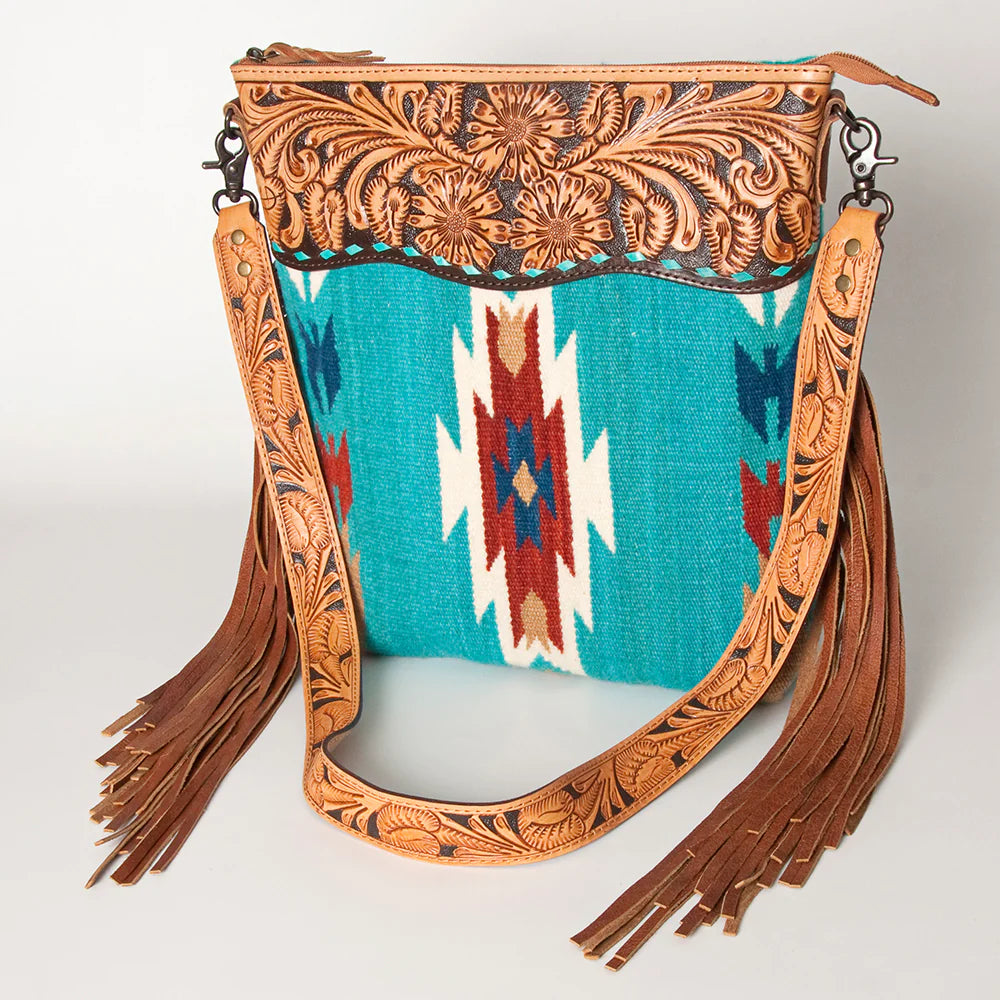 American Darling Tooled Leather and Saddle Blanket Crossbody Fringe Handbag