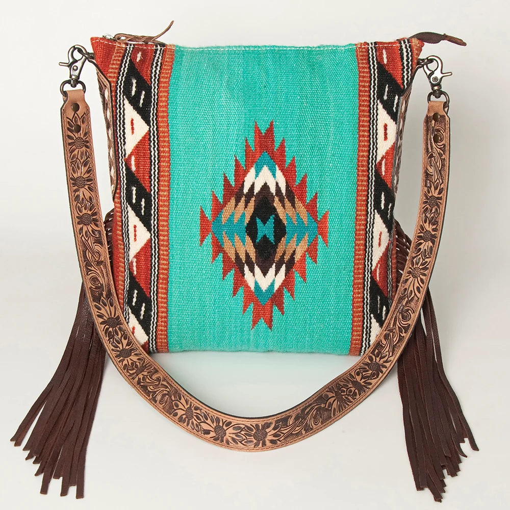 American Darling Southwestern Wool Blanket and Tooled Leather Strap Cross Body Bag | Giftware - Handbag | Saddleworld Ipswich