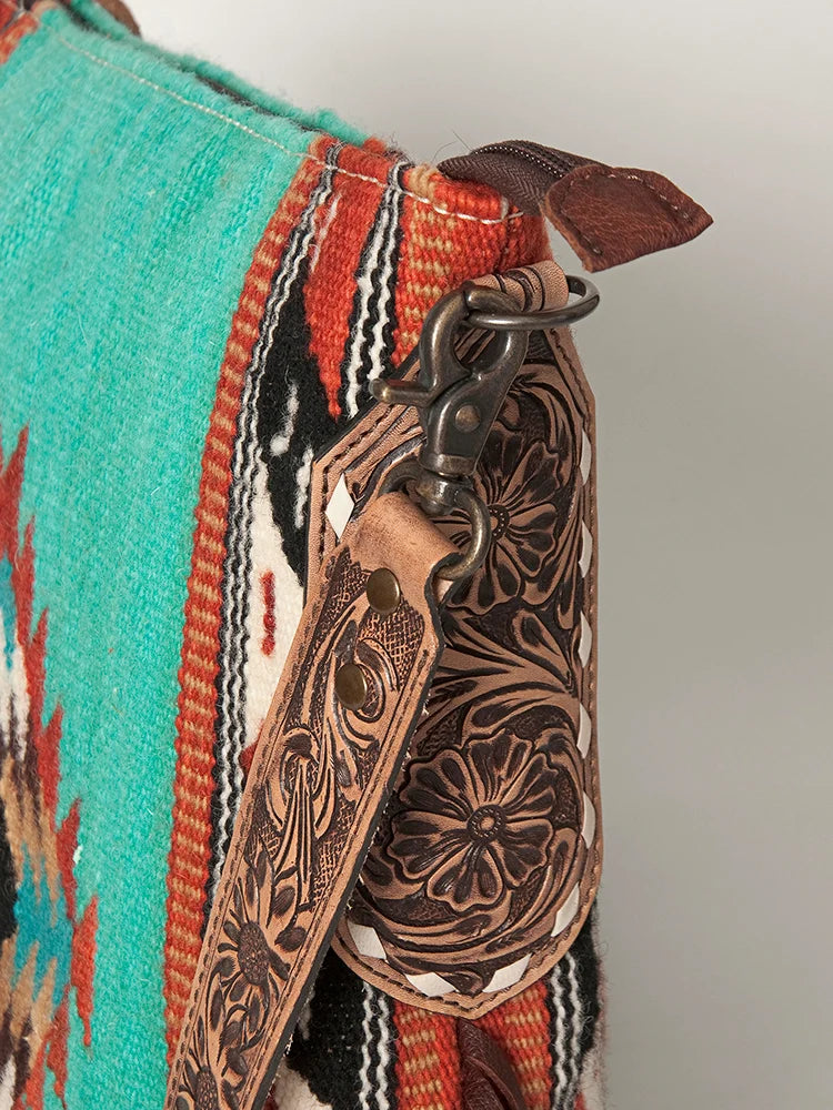 American Darling Southwestern Wool Blanket and Tooled Leather Strap Cross Body Bag