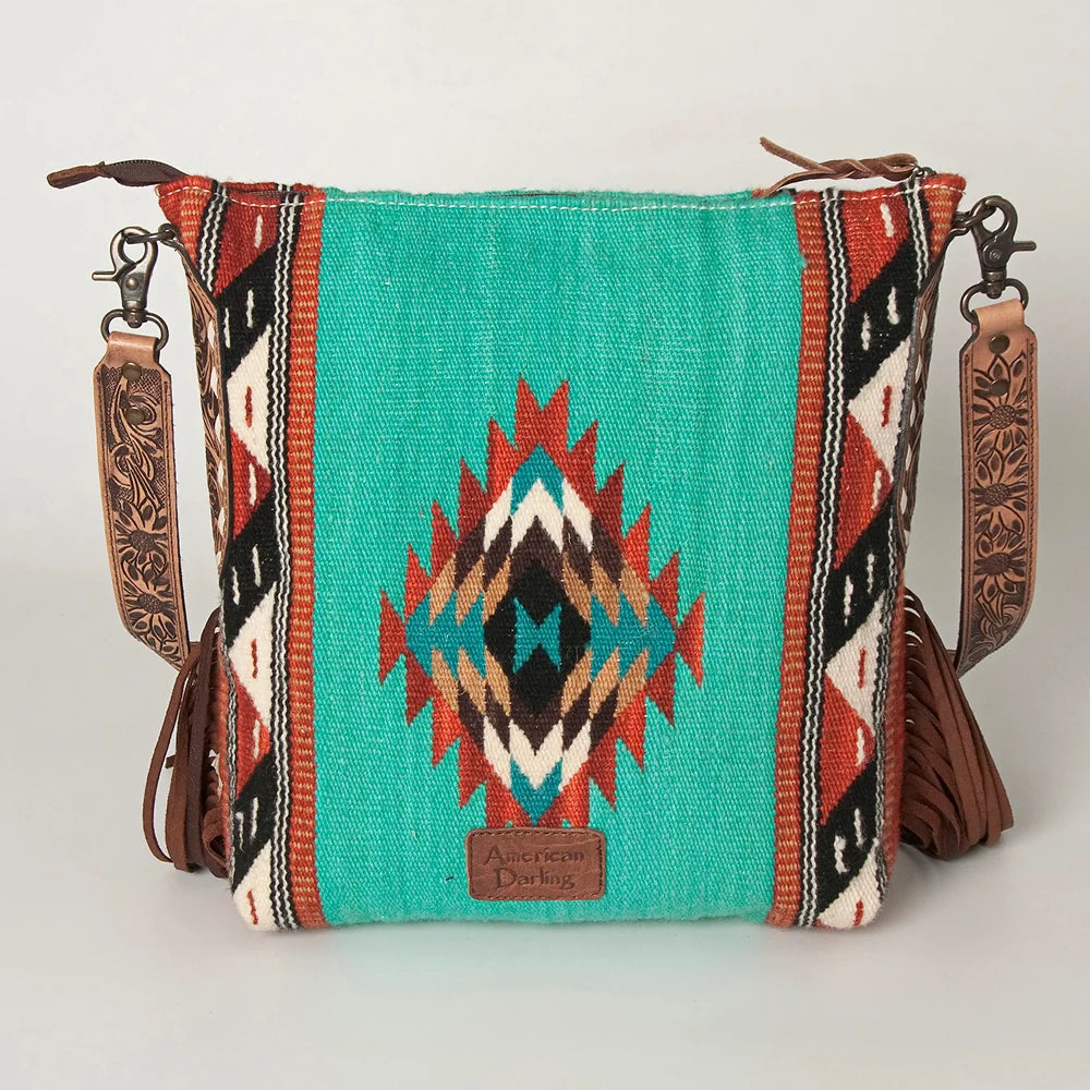 American Darling Southwestern Wool Blanket and Tooled Leather Strap Cross Body Bag
