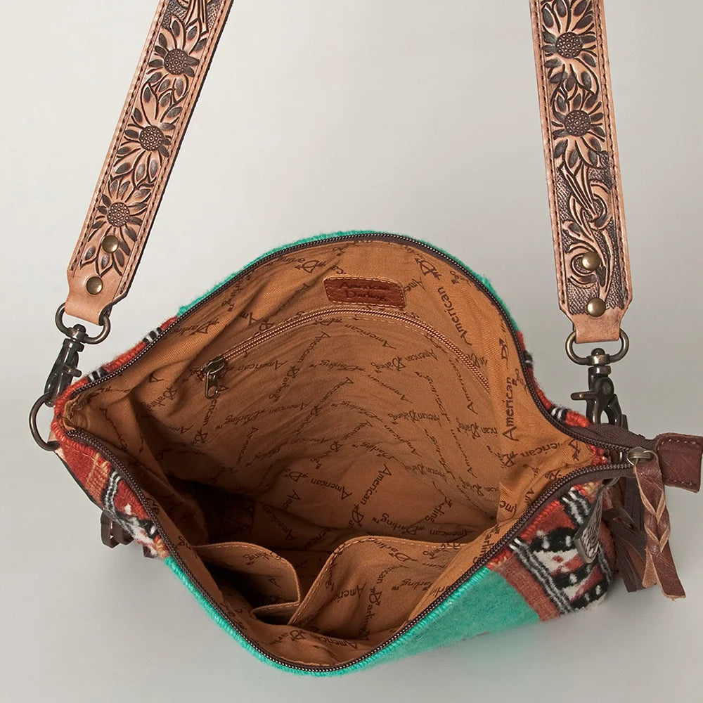 American Darling Southwestern Wool Blanket and Tooled Leather Strap Cross Body Bag