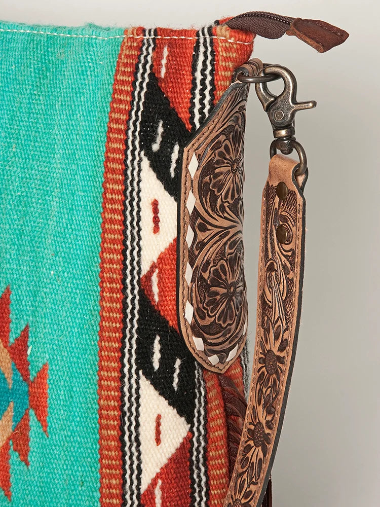 American Darling Southwestern Wool Blanket and Tooled Leather Strap Cross Body Bag