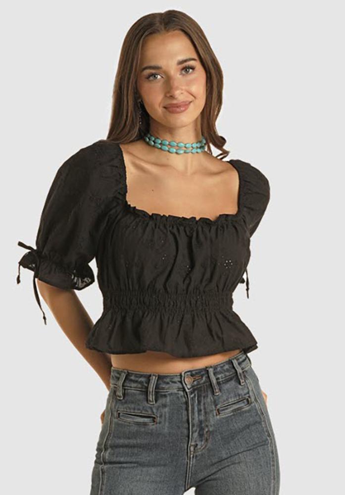 Rock and Roll Denim Eyelet Top with Smocked Waist