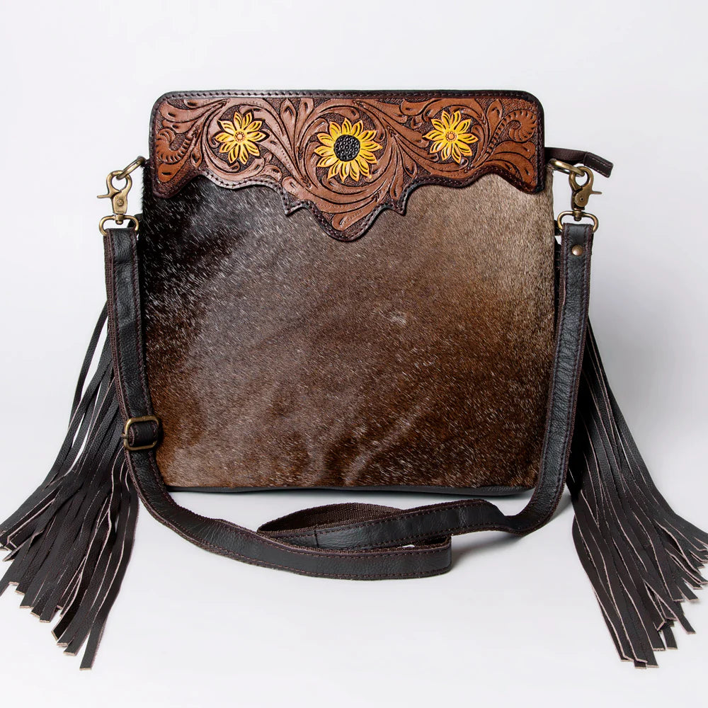 Cross Body Tooled Leather and Upcycled Canvas Ladies Bag