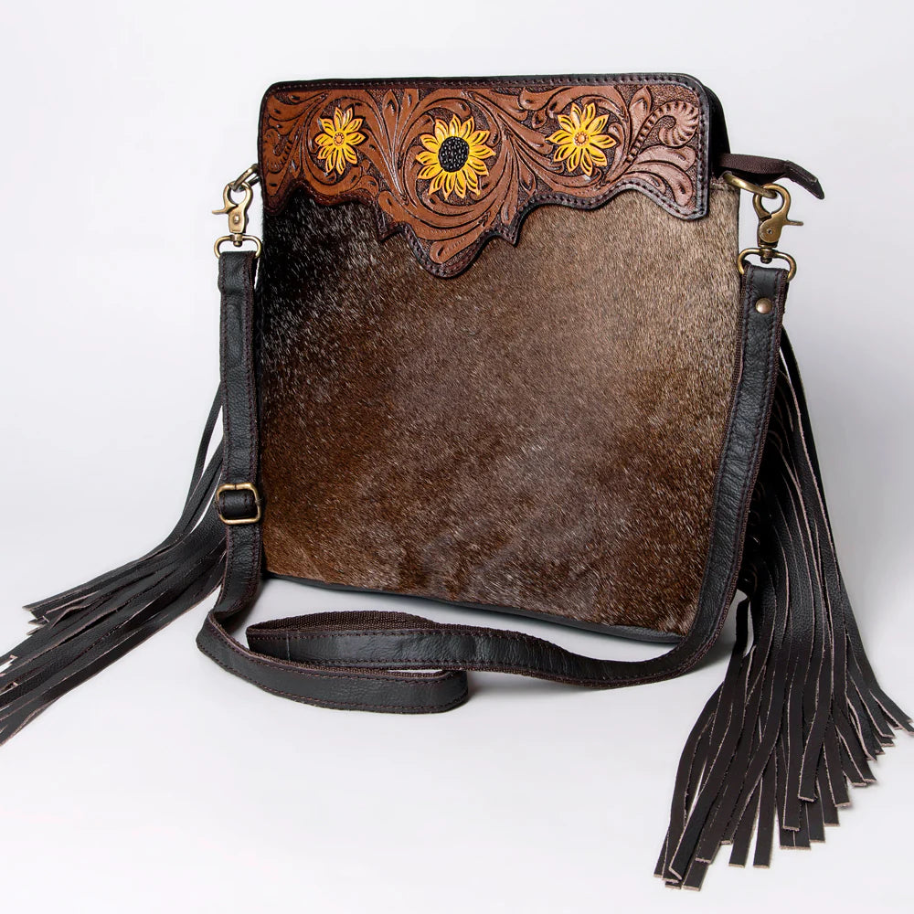 Cross Body Tooled Leather and Upcycled Canvas Ladies Bag