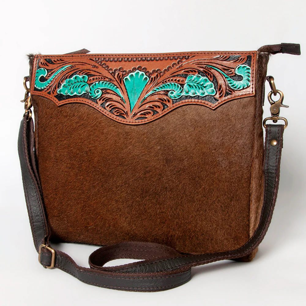 Hand Tooled Saddle Leather and Upcycled Canvas Ladies Bag