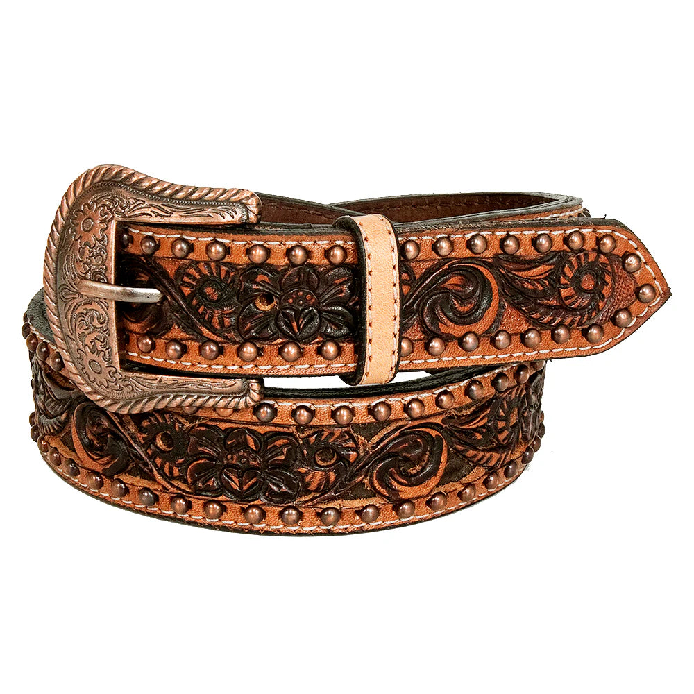 Floral Genuine Hand Tooled Premium Leather Belt Brown