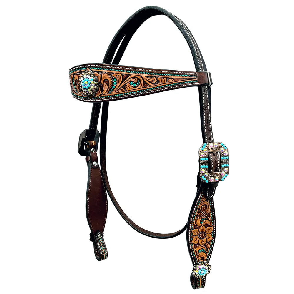 Concho Sunflower Floral Hand Carved Horse Western Leather Bridle Brown