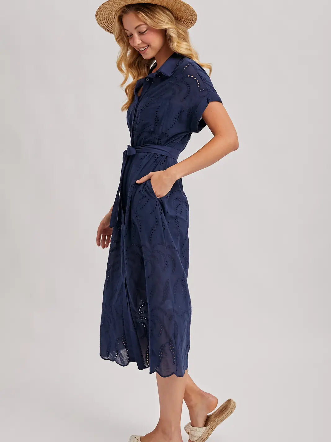 Boho Eyelet Button Down Shirt Belted Midi Dress