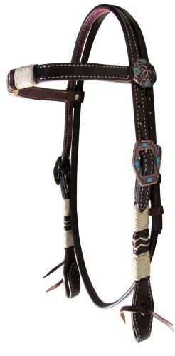 Showman Dark Brown Leather Bridle with Natural Rawhide Braiding and Turquoise Stone Conchos