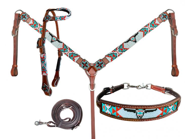 Showman 4 Piece Longhorn Beaded One Ear Bridle and Breasplate Set