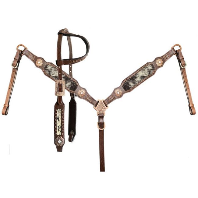 Showman Black and White Hair On Cowhide Single Ear Bridle and Breastplate Set