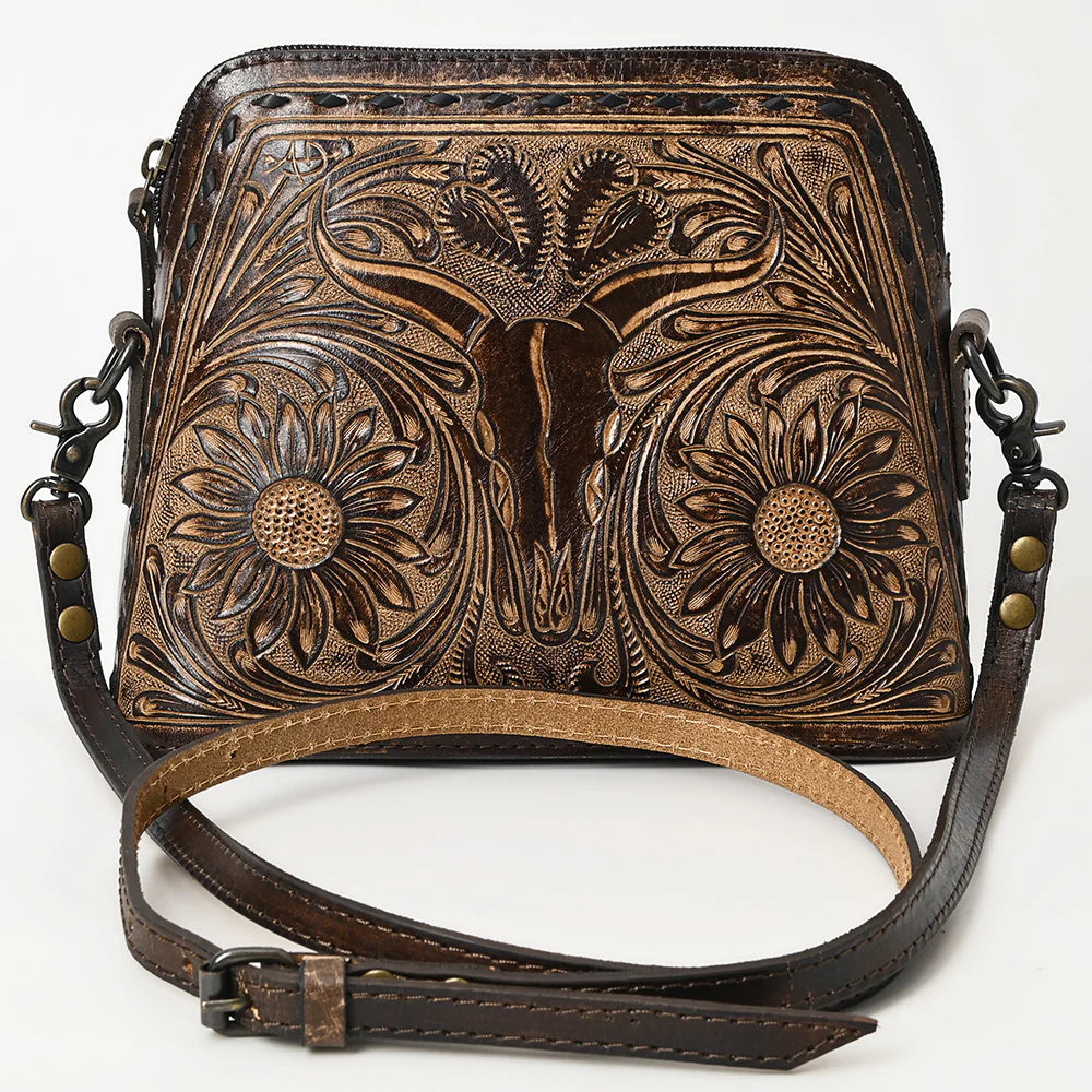 American Darling Western Tooled Leather Crossbody with Longhorn Design