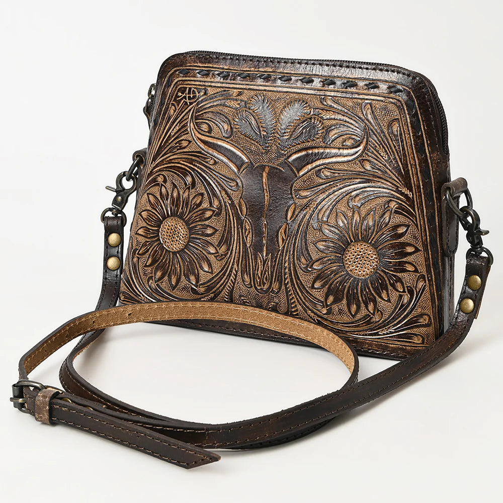 American Darling Western Tooled Leather Crossbody with Longhorn Design