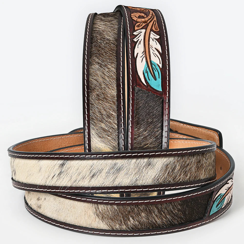 American Darling Feather Tooled Leather Belt With Hair On Inlay and Turquoise Accent