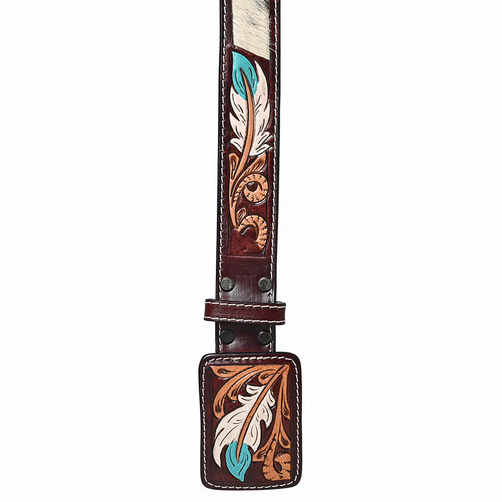 American Darling Feather Tooled Leather Belt With Hair On Inlay and Turquoise Accent