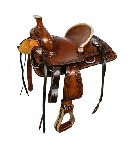 Double T Yhard Seat Roper Style Saddle with Aztec Design Tooling