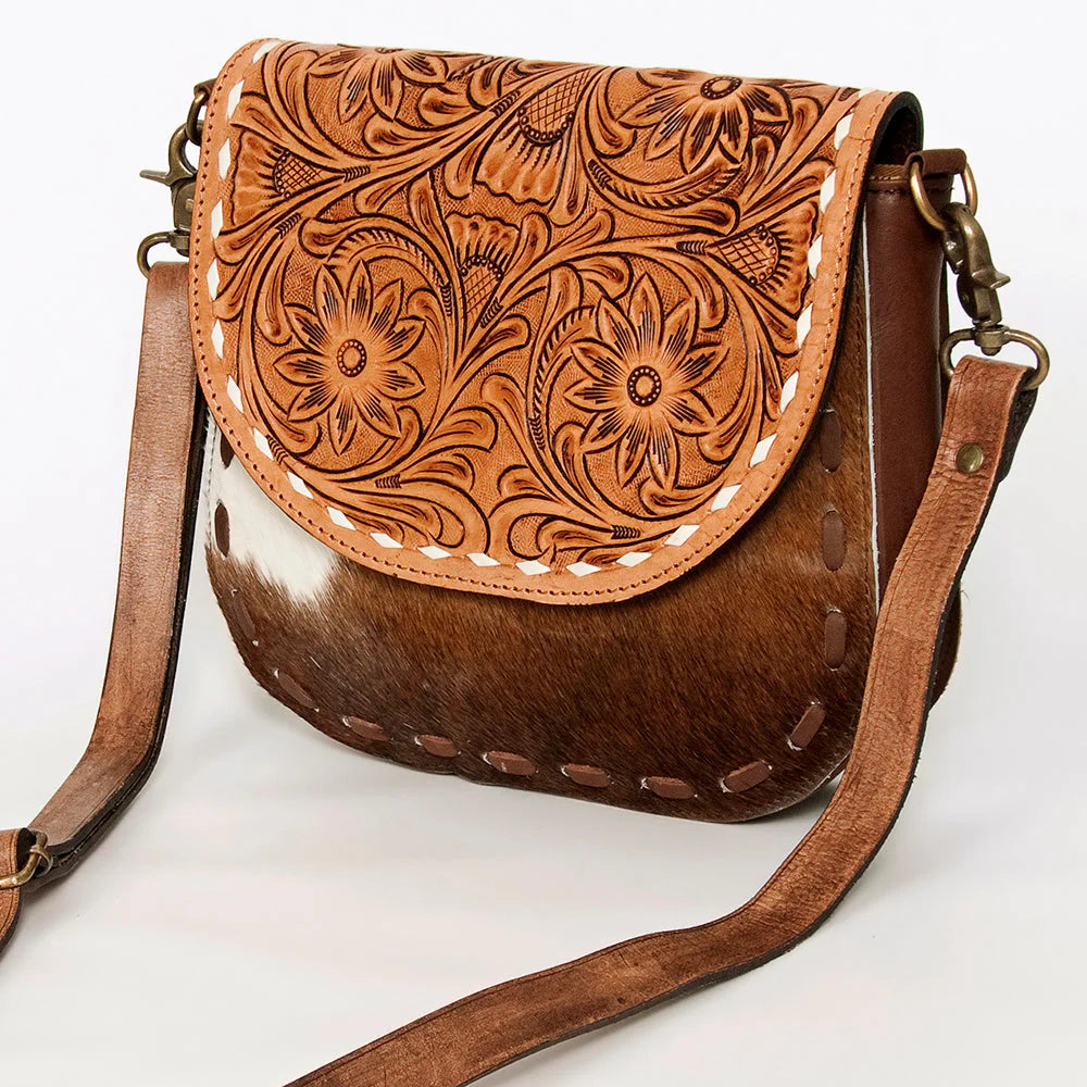 American Darling Messenger Bag Floral Hand Tooled Leather and Hair on Hide