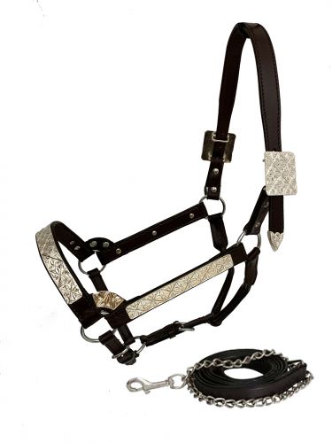 Showman Double Stitched Leather Show Halter with Floral Engraved Silver Plates