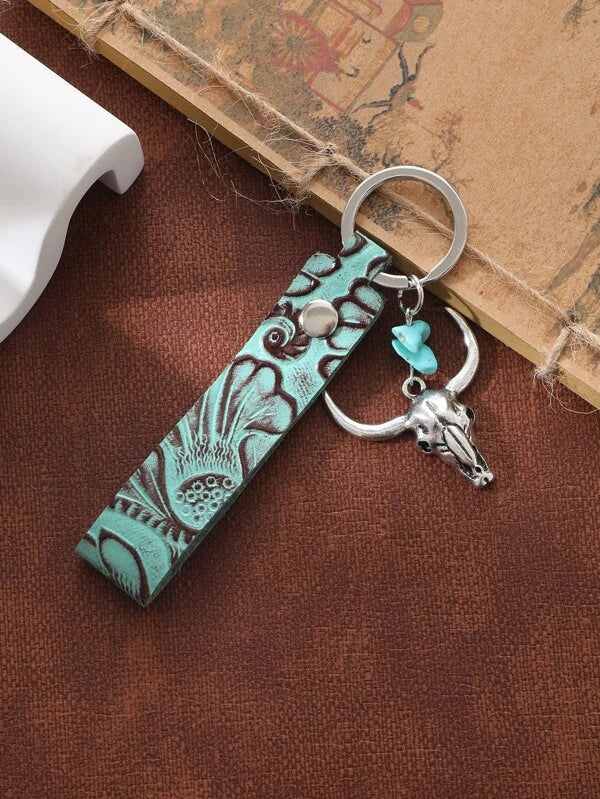 Cattle Head and Turquoise Charm Keyring