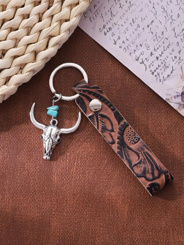 Cattle Head and Turquoise Decor Vintage Keyring