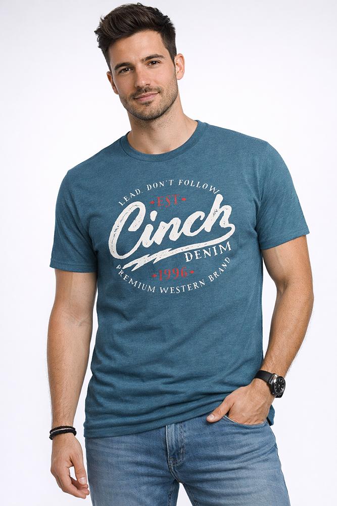 Cinch Mens Heather Blue Printed Logo T Shirt