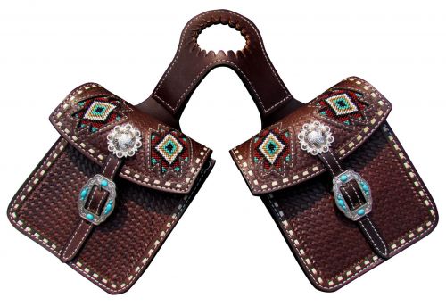 Showman Basketweave Tooled Dark Oil Leather Horn Bag with Beaded Inlay