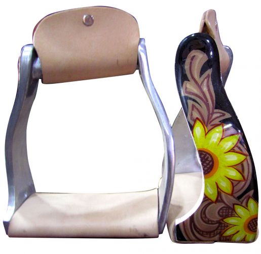 Showman Lightweight Angled Aluminium Stirrups with Sunflower and Leather Look Overlay