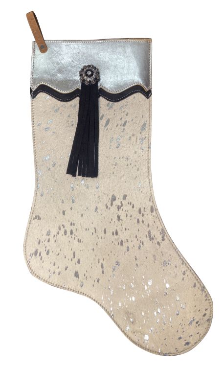 Showman Hair On Cowhide Christmas Stocking with Silver Metallic Acid Wash