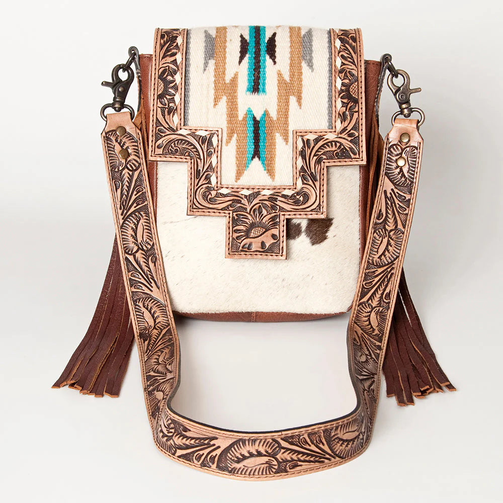 American Darling Western Cowhide and Saddle Blanket Messenger Bag with Hand Tooled Leather and Fringe