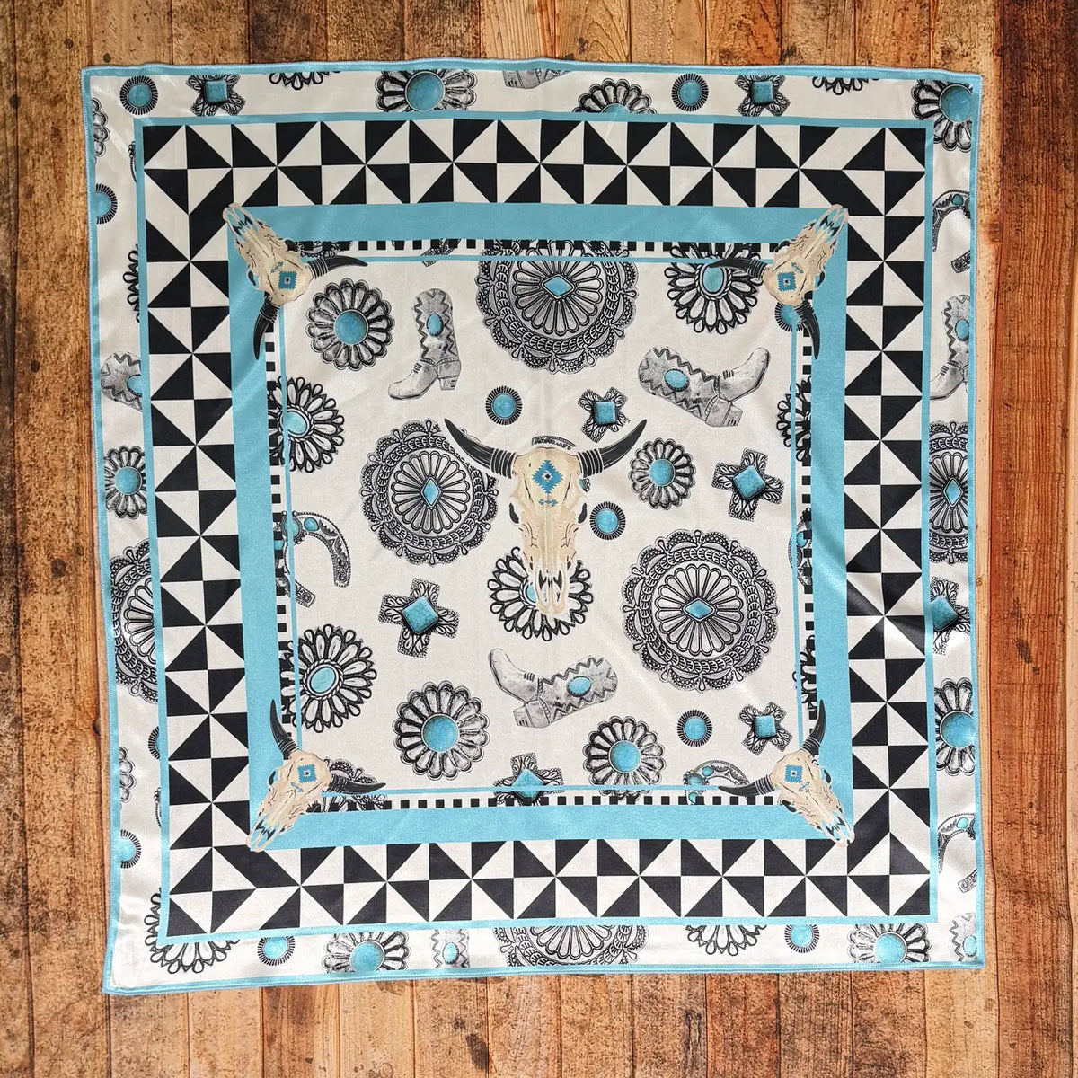 Turquoise Concho Longhorn Print Square Silk Rag