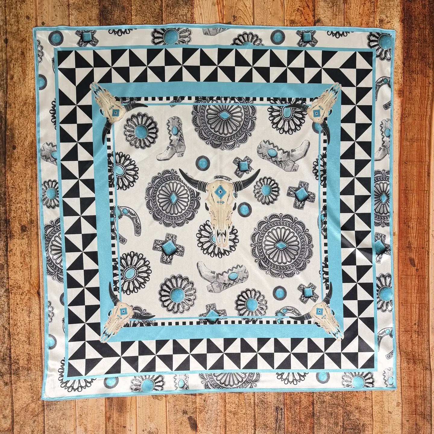 Turquoise Concho Longhorn Print Square Silk Rag | Country Clothing - Scarf | Saddleworld Ipswich