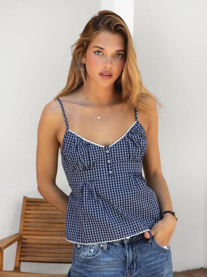 Hadley Plaid Check Poplin V Neck Tank Top