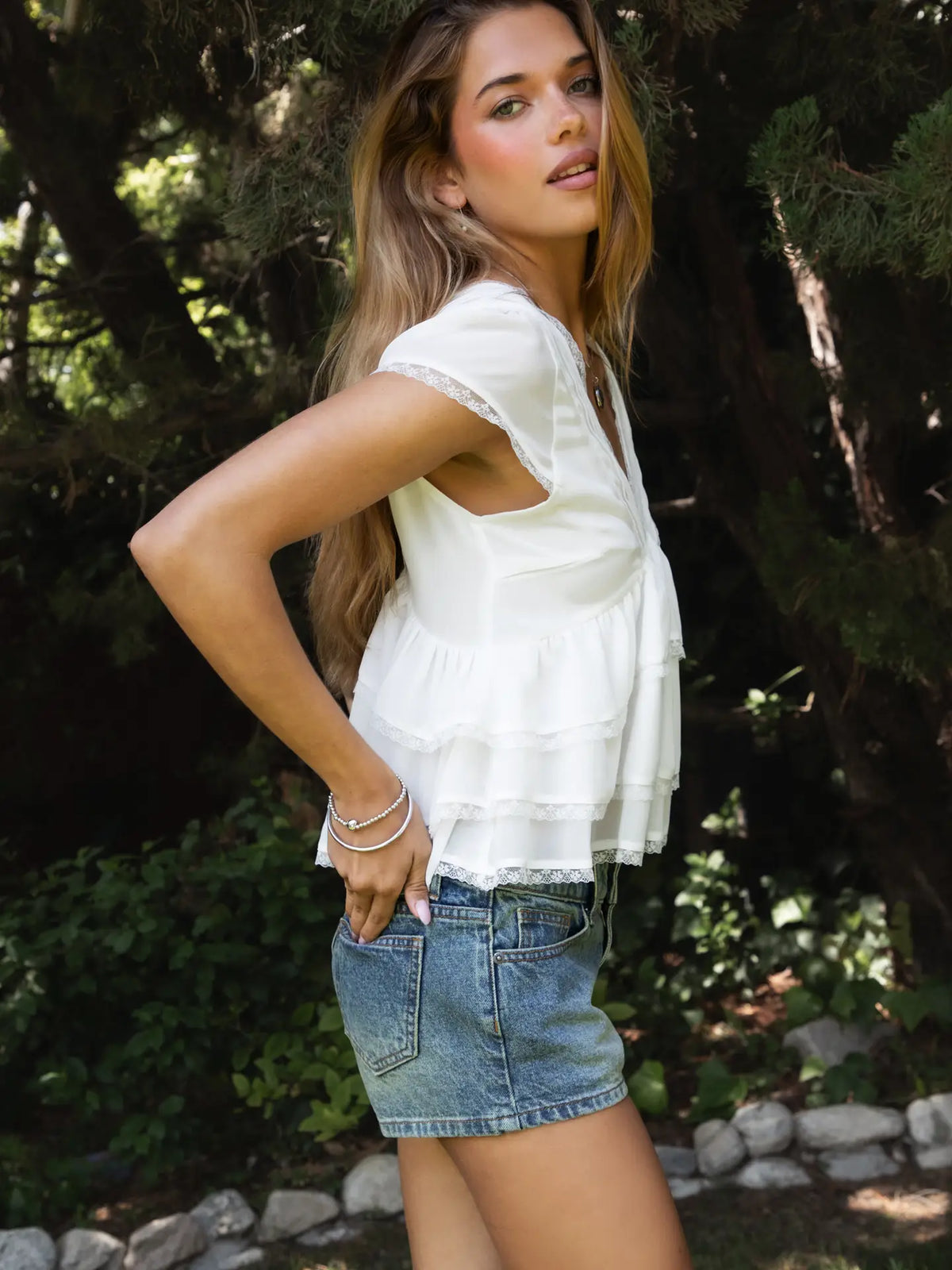 Juliette V Neck Tiered Ruffle Short Sleeve Blouse Top