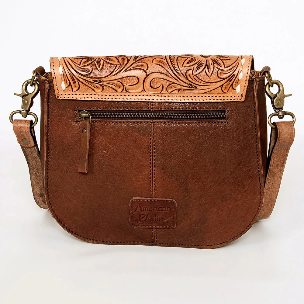 American Darling Messenger Bag Floral Hand Tooled Leather and Hair on Hide