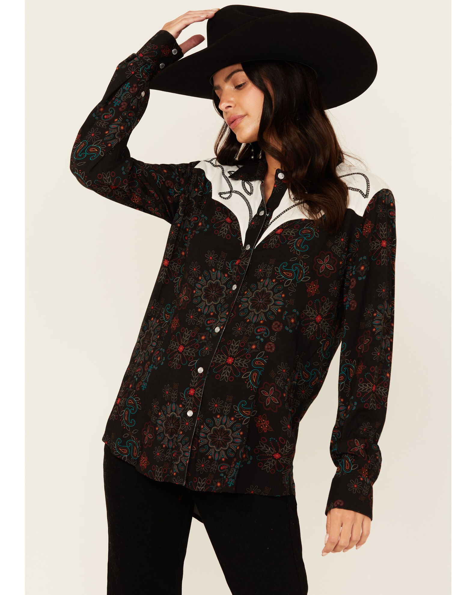 Panhandle Slim Wmns Paisley Chainstitch Embroidery Western Snap Shirt - Black Friday Sale