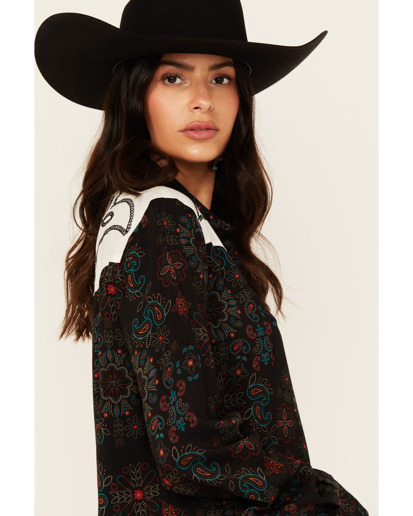 Panhandle Slim Wmns Paisley Chainstitch Embroidery Western Snap Shirt - Black Friday Sale