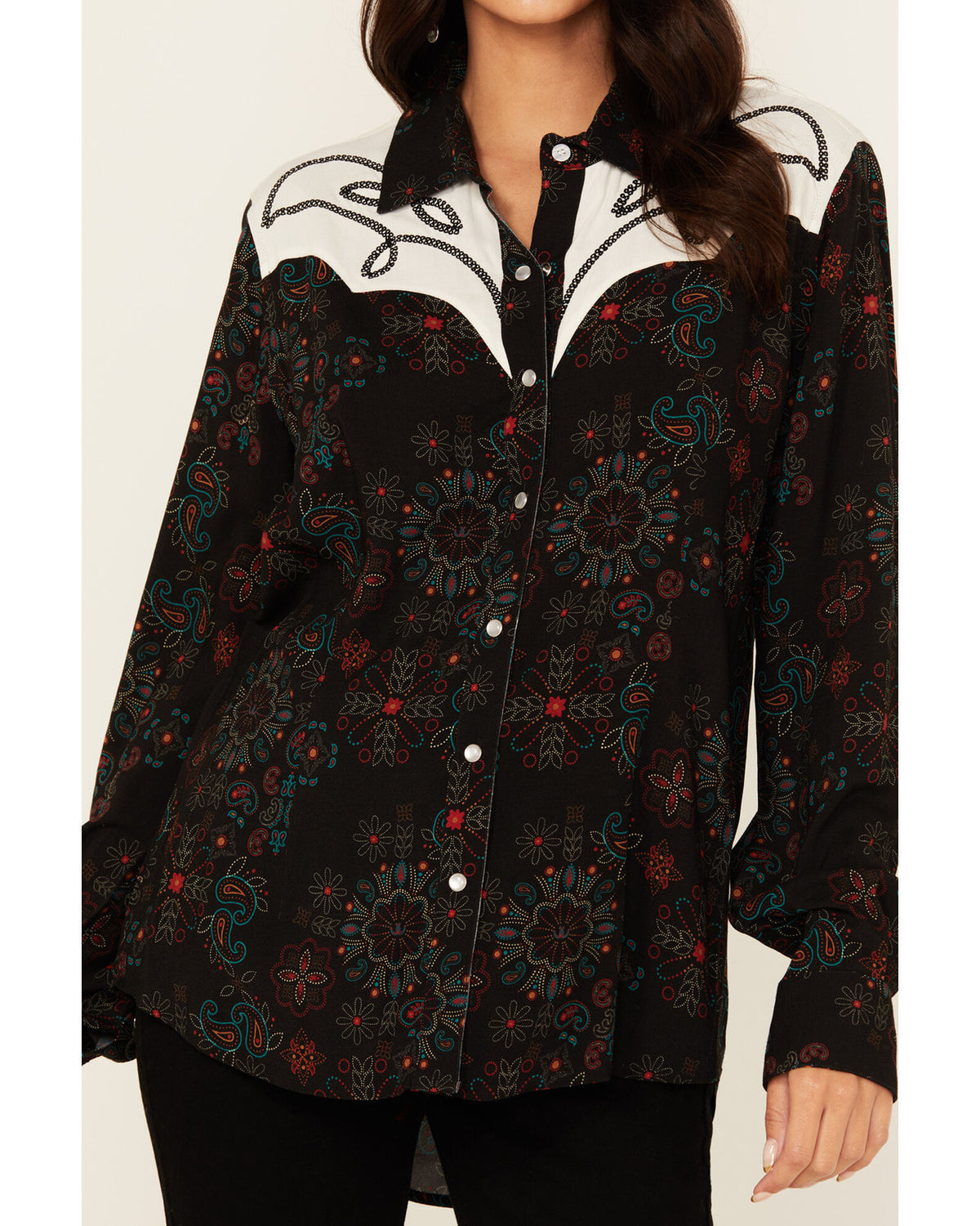 Panhandle Slim Wmns Paisley Chainstitch Embroidery Western Snap Shirt - Black Friday Sale