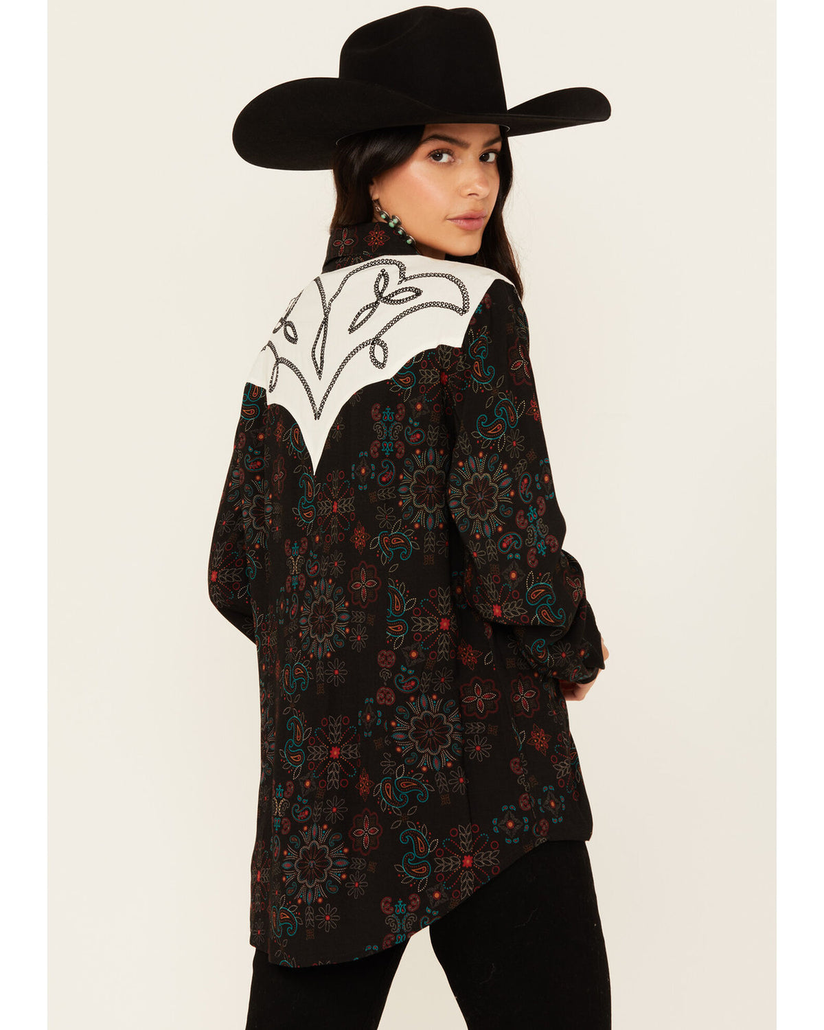 Panhandle Slim Wmns Paisley Chainstitch Embroidery Western Snap Shirt - Black Friday Sale