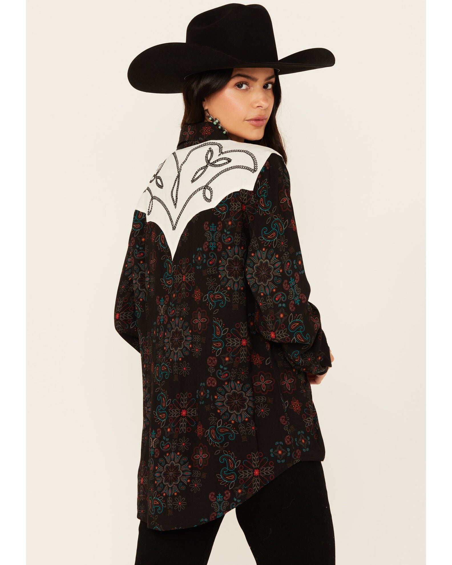 Panhandle Slim Wmns Paisley Chainstitch Embroidery Western Snap Shirt - Black Friday Sale