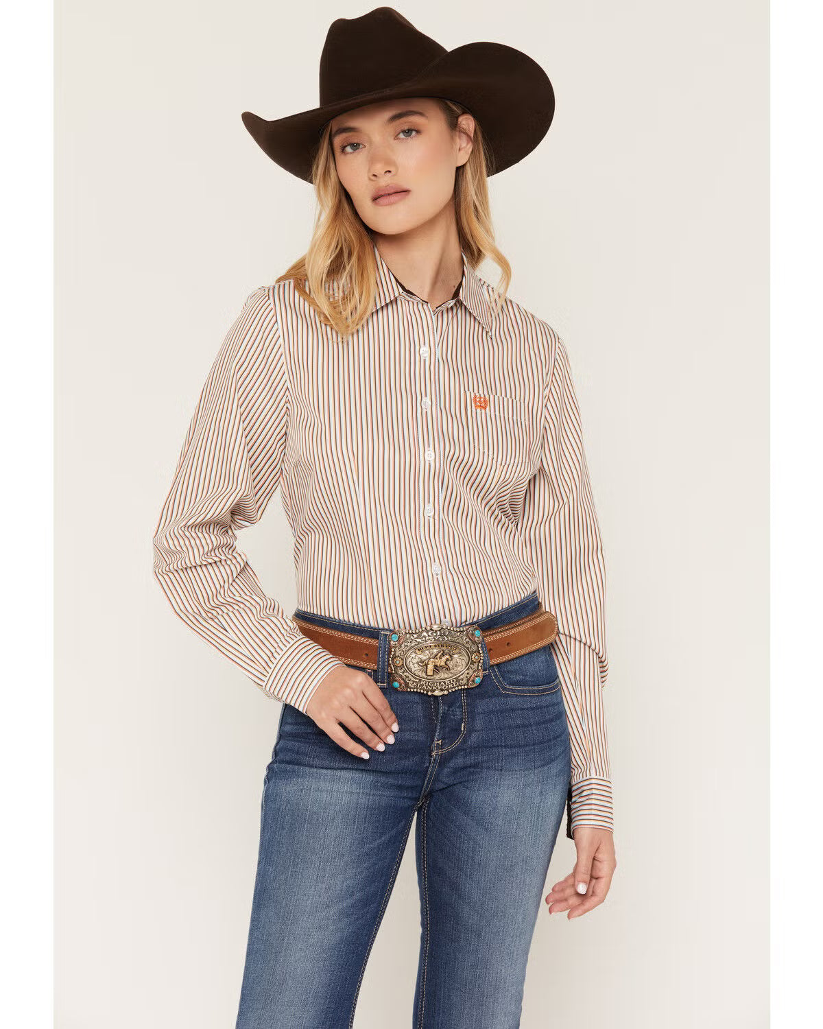 Cinch Wmns Striped Print Long Sleeve Button Down Shirt