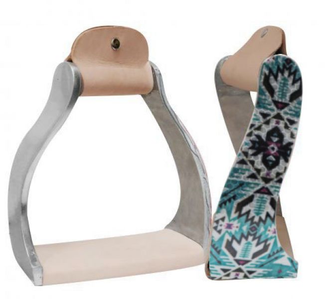 Showman Lightweight Twisted Angled Aluminium Stirrups with Shimmering Teal Aztec Print